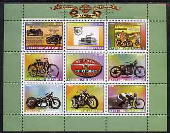 Kabardino-Balkaria Republic 1999 Harley Davidson Motorcycles perf sheetlet containing set of 9 values unmounted mint, stamps on , stamps on  stamps on motorbikes