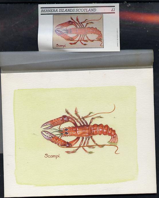 Bernera 1982 Shell Fish (Scampi) original artwork by Sharon File of the B L Kearley Studio, watercolour on board 115 x 90 mm plus issued imperf s/sheet incorporating this image, stamps on , stamps on  stamps on fish, stamps on  stamps on food, stamps on  stamps on marine life