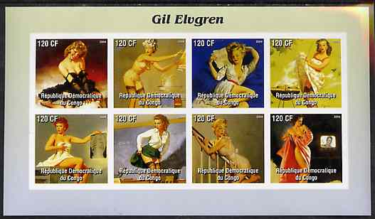 Congo 2004 Pin-Up Art by Gil Elvgren #1 imperf sheetlet containing 8 values, unmounted mint, stamps on arts, stamps on fantasy