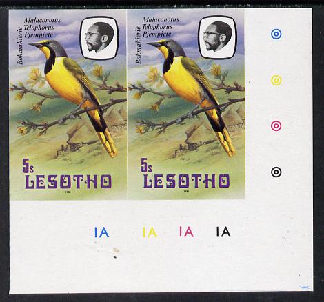 Lesotho 1981 Shrike 5s def in unmounted mint imperf pair* (SG 440), stamps on lesotho, stamps on birds, stamps on shrike, stamps on 