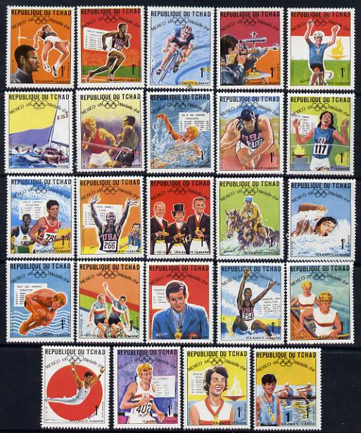 Chad 1969 World Solidarity (Olympic Gold Medal Winners) set of 24 unmounted mint, SG 243-66, stamps on sport, stamps on olympics, stamps on hurdles, stamps on atletics, stamps on shot, stamps on long jump, stamps on boxing, stamps on bicycles, stamps on swimming, stamps on shooting, stamps on gymnastics, stamps on sailing