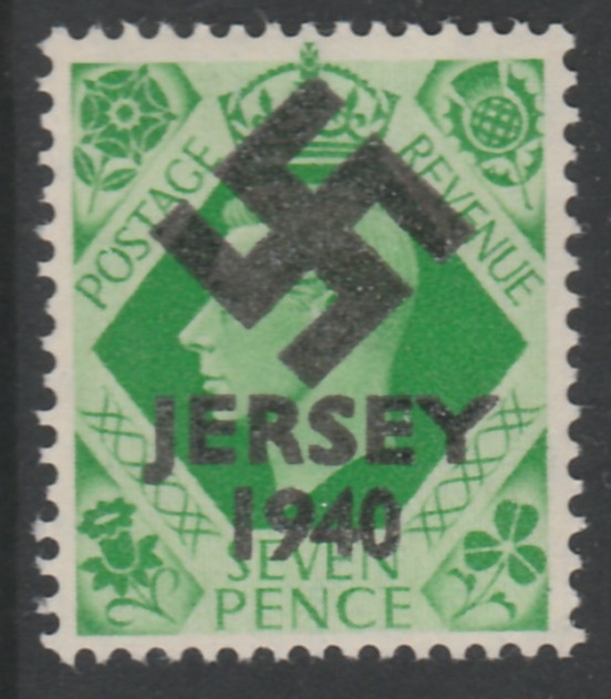 Jersey 1940 Swastika opt on Great Britain KG6 7d emerald-green produced during the German Occupation but unissued due to local feelings. This is a copy of the overprint on a genuine stamp with forgery handstamped on the back, unmounted mint in presentation folder., stamps on , stamps on  stamps on forgery, stamps on  stamps on  kg6 , stamps on  stamps on  ww2 , stamps on  stamps on 