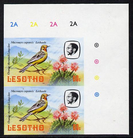 Lesotho 1982 Cape Longclaw 60s def in unmounted mint imperf pair (as SG 509)*, stamps on birds, stamps on longclaw