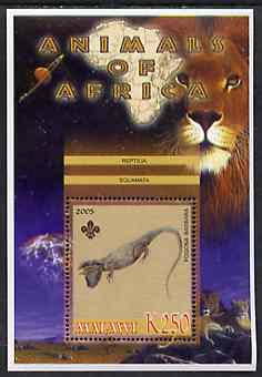Malawi 2005 Animals of Africa - Bearded Dragon perf m/sheet with Scout Logo & Lions in background, unmounted mint, stamps on scouts, stamps on animals, stamps on lions, stamps on cats