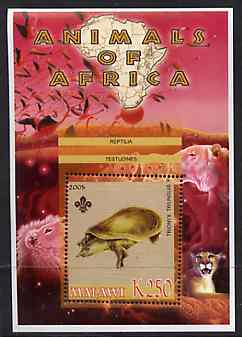 Malawi 2005 Animals of Africa - Turtle perf m/sheet with Scout Logo & Lions in background, unmounted mint, stamps on , stamps on  stamps on scouts, stamps on  stamps on animals, stamps on  stamps on turtles, stamps on  stamps on lions, stamps on  stamps on cats