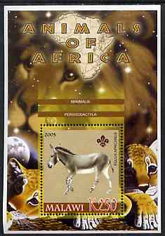 Malawi 2005 Animals of Africa - Horse perf m/sheet with Scout Logo & Lions in background, unmounted mint, stamps on , stamps on  stamps on scouts, stamps on  stamps on animals, stamps on  stamps on horses, stamps on  stamps on lions, stamps on  stamps on cats