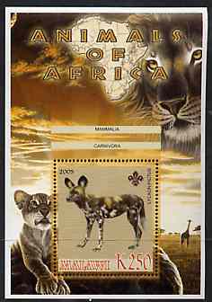 Malawi 2005 Animals of Africa - Hunting Dog perf m/sheet with Scout Logo, Big Cats & Giraffe in background, unmounted mint, stamps on , stamps on  stamps on scouts, stamps on  stamps on animals, stamps on  stamps on cats, stamps on  stamps on dogs, stamps on  stamps on giraffes