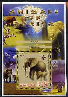 Malawi 2005 Animals of Africa - Elephants perf m/sheet with Scout Logo and Giraffe in background, unmounted mint, stamps on , stamps on  stamps on scouts, stamps on  stamps on animals, stamps on  stamps on elephants, stamps on  stamps on giraffes