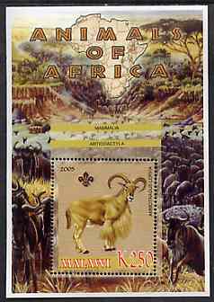 Malawi 2005 Animals of Africa - Barbary Sheep perf m/sheet with Scout Logo with Wildebeest in background, unmounted mint, stamps on scouts, stamps on animals, stamps on sheep, stamps on ovine, stamps on bovine