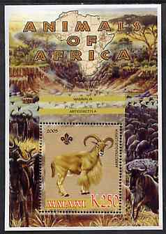 Malawi 2005 Animals of Africa - Barbary Sheep perf m/sheet with Scout Logo with Wildebeest in background, unmounted mint, stamps on scouts, stamps on animals, stamps on sheep, stamps on ovine, stamps on bovine