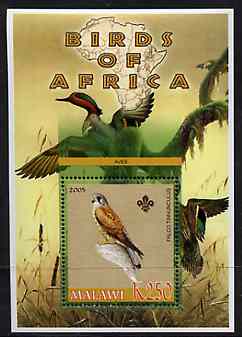 Malawi 2005 Birds of Africa - Kestrel perf m/sheet with Scout Logo and Ducks in background, unmounted mint, stamps on , stamps on  stamps on scouts, stamps on  stamps on birds, stamps on  stamps on birds of prey, stamps on  stamps on ducks