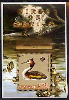 Malawi 2005 Birds of Africa - Great Crested Grebe perf m/sheet with Scout Logo and Ducks in background, unmounted mint, stamps on , stamps on  stamps on scouts, stamps on  stamps on birds, stamps on  stamps on grebe, stamps on  stamps on ducks