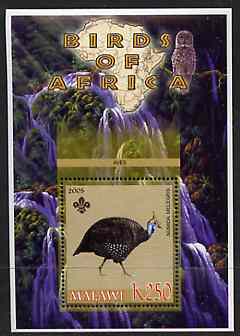 Malawi 2005 Birds of Africa - Guinea Fowl perf m/sheet with Scout Logo, Owl & Waterfall in background, unmounted mint, stamps on , stamps on  stamps on scouts, stamps on  stamps on birds, stamps on  stamps on owls, stamps on  stamps on waterfalls, stamps on  stamps on birds of prey