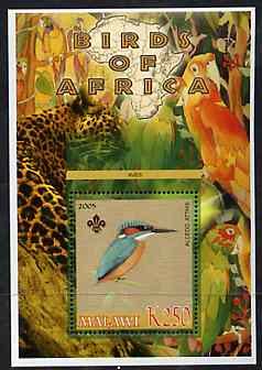 Malawi 2005 Birds of Africa - Kingfisher perf m/sheet with Scout Logo, Parrots & Big Cat in background, unmounted mint, stamps on , stamps on  stamps on scouts, stamps on  stamps on birds, stamps on  stamps on kingfishers, stamps on  stamps on parrots, stamps on  stamps on cats, stamps on  stamps on animals