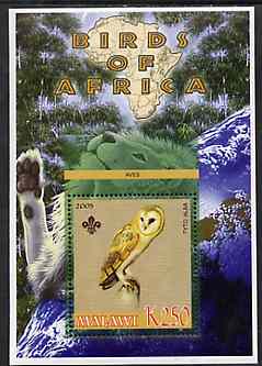 Malawi 2005 Birds of Africa - Barn Owl perf m/sheet with Scout Logo and Lion in background, unmounted mint, stamps on , stamps on  stamps on scouts, stamps on  stamps on birds, stamps on  stamps on owls, stamps on  stamps on birds of prey, stamps on  stamps on cats, stamps on  stamps on animals