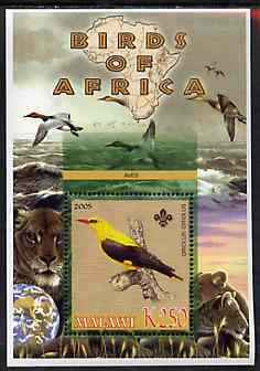 Malawi 2005 Birds of Africa - Oriole perf m/sheet with Scout Logo and Lions in background, unmounted mint, stamps on , stamps on  stamps on scouts, stamps on  stamps on birds, stamps on  stamps on cats, stamps on  stamps on animals