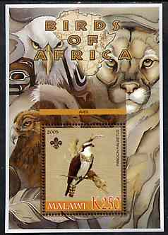 Malawi 2005 Birds of Africa - Osprey perf m/sheet with Scout Logo and Lion in background, unmounted mint, stamps on scouts, stamps on birds, stamps on owls, stamps on birds of prey, stamps on cats, stamps on animals