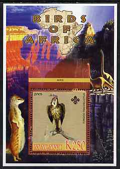 Malawi 2005 Birds of Africa - Vulture perf m/sheet with Scout Logo and Dinosaurs in background, unmounted mint, stamps on , stamps on  stamps on scouts, stamps on  stamps on birds, stamps on  stamps on dinosaurs, stamps on  stamps on animals