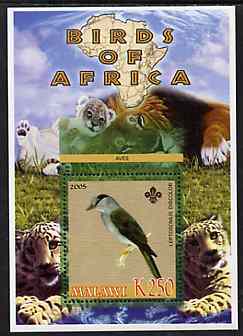 Malawi 2005 Birds of Africa - Cuckoo Roller perf m/sheet with Scout Logo and Big cats in background, unmounted mint, stamps on scouts, stamps on birds, stamps on cats, stamps on animals