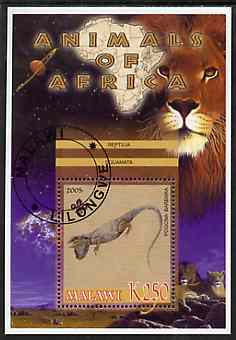 Malawi 2005 Animals of Africa - Bearded Dragon perf m/sheet with Scout Logo & Lions in background, fine cto used, stamps on , stamps on  stamps on scouts, stamps on  stamps on animals, stamps on  stamps on lions, stamps on  stamps on cats