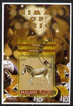 Malawi 2005 Animals of Africa - Horse perf m/sheet with Scout Logo & Lions in background, fine cto used, stamps on , stamps on  stamps on scouts, stamps on  stamps on animals, stamps on  stamps on horses, stamps on  stamps on lions, stamps on  stamps on cats