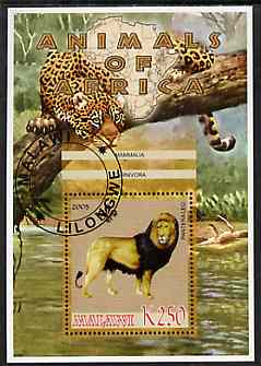 Malawi 2005 Animals of Africa - Lion perf m/sheet with Scout Logo, other big cats in background, fine cto used, stamps on scouts, stamps on animals, stamps on lions, stamps on cats