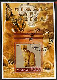 Malawi 2005 Animals of Africa - Golden Cat perf m/sheet with Scout Logo, Rhino & Ape in background, fine cto used, stamps on scouts, stamps on animals, stamps on cats, stamps on rhinos, stamps on apes