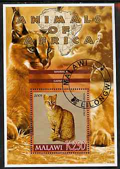 Malawi 2005 Animals of Africa - Golden Cat perf m/sheet with Scout Logo, Rhino & Ape in background, fine cto used, stamps on , stamps on  stamps on scouts, stamps on  stamps on animals, stamps on  stamps on cats, stamps on  stamps on rhinos, stamps on  stamps on apes