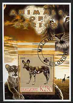 Malawi 2005 Animals of Africa - Hunting Dog perf m/sheet with Scout Logo, Big Cats & Giraffe in background, fine cto used, stamps on scouts, stamps on animals, stamps on cats, stamps on dogs, stamps on giraffes