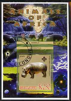 Malawi 2005 Animals of Africa - Hippopotamus perf m/sheet with Scout Logo, fine cto used, stamps on scouts, stamps on animals, stamps on hippo