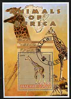 Malawi 2005 Animals of Africa - Giraffe perf m/sheet with Scout Logo with Elephant in background, fine cto used, stamps on scouts, stamps on animals, stamps on elephants, stamps on giraffes