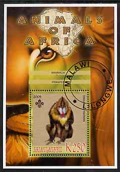 Malawi 2005 Animals of Africa - Mandrill perf m/sheet with Scout Logo, fine cto used, stamps on , stamps on  stamps on scouts, stamps on  stamps on animals, stamps on  stamps on apes