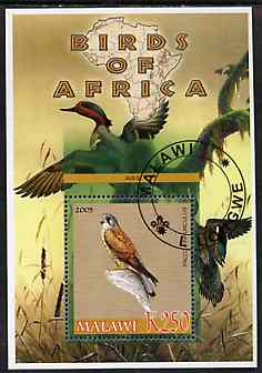 Malawi 2005 Birds of Africa - Kestrel perf m/sheet with Scout Logo and Ducks in background, fine cto used, stamps on , stamps on  stamps on scouts, stamps on  stamps on birds, stamps on  stamps on birds of prey, stamps on  stamps on ducks