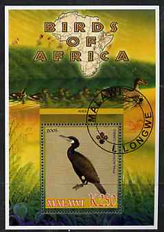 Malawi 2005 Birds of Africa - Cormorant perf m/sheet with Scout Logo and Ducks in background, fine cto used, stamps on , stamps on  stamps on scouts, stamps on  stamps on birds, stamps on  stamps on cormorants, stamps on  stamps on ducks