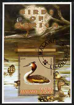 Malawi 2005 Birds of Africa - Great Crested Grebe perf m/sheet with Scout Logo and Ducks in background, fine cto used, stamps on , stamps on  stamps on scouts, stamps on  stamps on birds, stamps on  stamps on grebe, stamps on  stamps on ducks