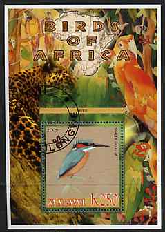 Malawi 2005 Birds of Africa - Kingfisher perf m/sheet with Scout Logo, Parrots & Big Cat in background, fine cto used, stamps on scouts, stamps on birds, stamps on kingfishers, stamps on parrots, stamps on cats, stamps on animals