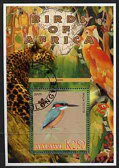 Malawi 2005 Birds of Africa - Kingfisher perf m/sheet with Scout Logo, Parrots & Big Cat in background, fine cto used, stamps on , stamps on  stamps on scouts, stamps on  stamps on birds, stamps on  stamps on kingfishers, stamps on  stamps on parrots, stamps on  stamps on cats, stamps on  stamps on animals