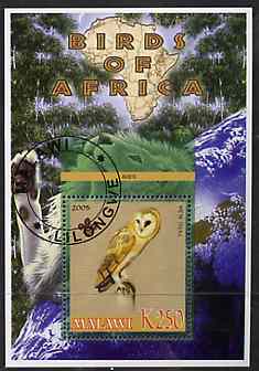 Malawi 2005 Birds of Africa - Barn Owl perf m/sheet with Scout Logo and Lion in background, fine cto used, stamps on scouts, stamps on birds, stamps on owls, stamps on birds of prey, stamps on cats, stamps on animals