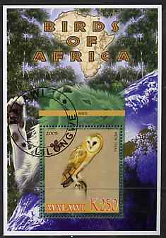 Malawi 2005 Birds of Africa - Barn Owl perf m/sheet with Scout Logo and Lion in background, fine cto used, stamps on , stamps on  stamps on scouts, stamps on  stamps on birds, stamps on  stamps on owls, stamps on  stamps on birds of prey, stamps on  stamps on cats, stamps on  stamps on animals