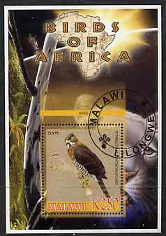 Malawi 2005 Birds of Africa - Serpent Eagle perf m/sheet with Scout Logo and Lion in background, fine cto used, stamps on , stamps on  stamps on scouts, stamps on  stamps on birds, stamps on  stamps on eagles, stamps on  stamps on birds of prey, stamps on  stamps on cats, stamps on  stamps on animals