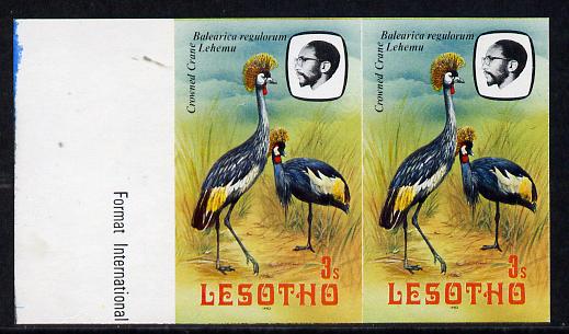 Lesotho 1982 Crowned Crane 3s def in unmounted mint imperf pair* (SG 502), stamps on , stamps on  stamps on birds     crane