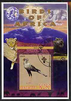 Malawi 2005 Birds of Africa - Secretary Bird perf m/sheet with Scout Logo and Big cats & Elephant in background, fine cto used, stamps on , stamps on  stamps on scouts, stamps on  stamps on birds, stamps on  stamps on cats, stamps on  stamps on animals, stamps on  stamps on elephants