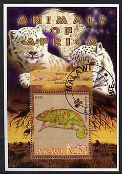 Malawi 2005 Animals of Africa - Chameleom perf m/sheet with Scout Logo and Big Cats in background, fine cto used, stamps on , stamps on  stamps on scouts, stamps on  stamps on animals, stamps on  stamps on chameleon, stamps on  stamps on cats