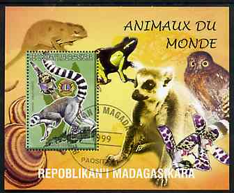 Madagascar 1999 Animals of the World #10 perf m/sheet showing Lemur #4 with Lions Int Logo, background shows Owl, Fungi, Frog & Orchid, fine cto used, stamps on , stamps on  stamps on flowers, stamps on  stamps on orchids, stamps on  stamps on animals, stamps on  stamps on apes, stamps on  stamps on owls, stamps on  stamps on prey, stamps on  stamps on birds of prey, stamps on  stamps on fungi, stamps on  stamps on lions int