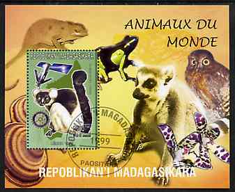 Madagascar 1999 Animals of the World #12 perf m/sheet showing Lemur #6 with Rotary Logo, background shows Owl, Fungi, Frog & Orchid, fine cto used, stamps on , stamps on  stamps on flowers, stamps on  stamps on orchids, stamps on  stamps on animals, stamps on  stamps on apes, stamps on  stamps on owls, stamps on  stamps on prey, stamps on  stamps on birds of prey, stamps on  stamps on fungi, stamps on  stamps on rotary