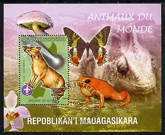 Madagascar 1999 Animals of the World #16 perf m/sheet showing Euplere with Scout Logo, background shows Frog, Butterfly, Reptile, Fungi & Orchid, fine cto used, stamps on flowers, stamps on orchids, stamps on animals, stamps on reptiles, stamps on fungi, stamps on butterflies, stamps on scouts