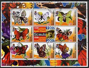 Antigua - Redonda 2005 Scout Anniversaries - Butterflies #02 perf sheetlet containing set of 8 values plus label cto used, stamps on , stamps on  stamps on scouts, stamps on  stamps on butterflies