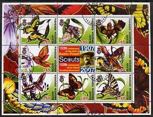 Antigua - Redonda 2005 Scout Anniversaries - Butterflies #03 perf sheetlet containing set of 8 values plus label cto used, stamps on , stamps on  stamps on scouts, stamps on  stamps on butterflies