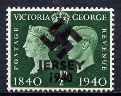 Jersey 1940 Swastika opt on Great Britain KG6 Centenary 1/2d produced during the German Occupation but unissued due to local feelings. This is a copy of the overprint on a genuine stamp with forgery handstamped on the back, unmounted mint on presentation card., stamps on forgery, stamps on  kg6 , stamps on  ww2 , stamps on 