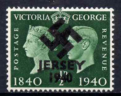 Jersey 1940 Swastika opt on Great Britain KG6 Centenary 1/2d produced during the German Occupation but unissued due to local feelings. This is a copy of the overprint on a genuine stamp with forgery handstamped on the back, unmounted mint on presentation card., stamps on forgery, stamps on  kg6 , stamps on  ww2 , stamps on 